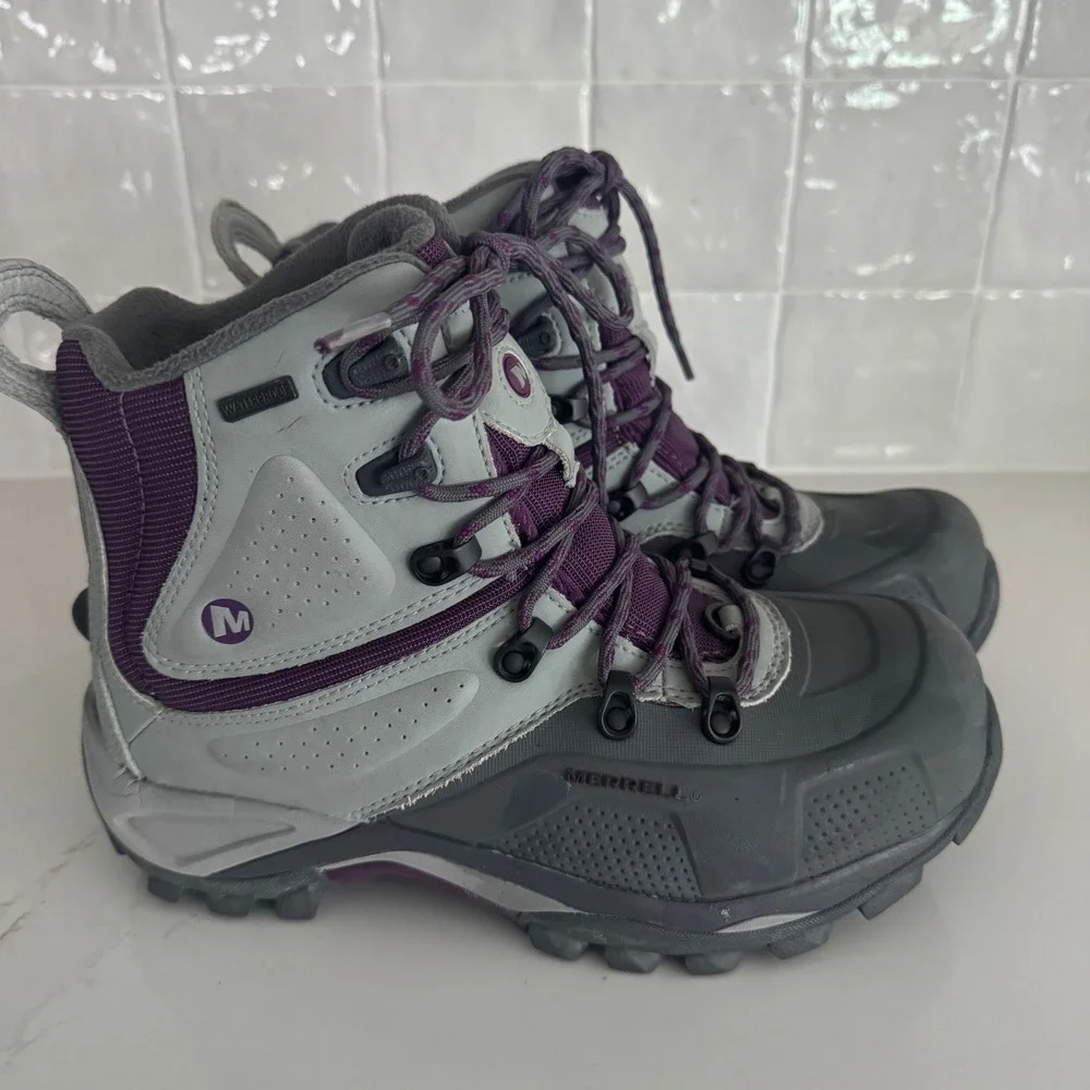 Merrell Whiteout 8 Waterproof Winter Boots Womens 7 Grey Purple 400g Insulated